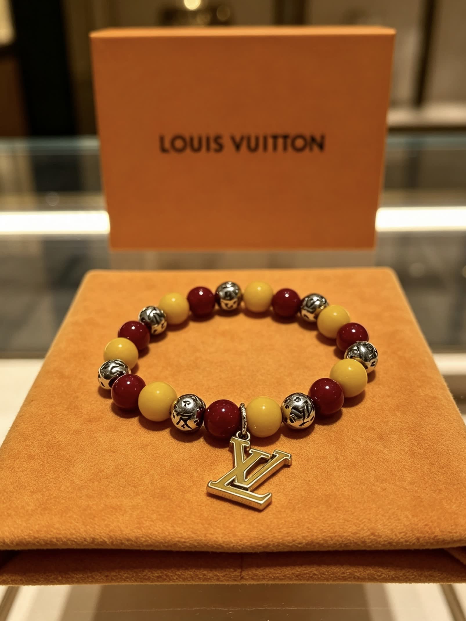 Louis Vuitton Beaded Bracelet with Monogram Charm